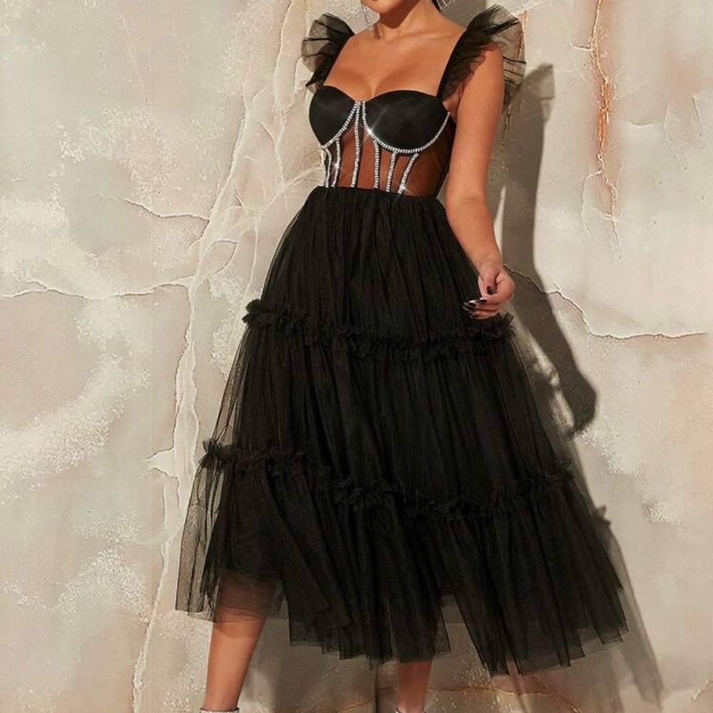 SHEIN Black Midi Dress with Sheer Details